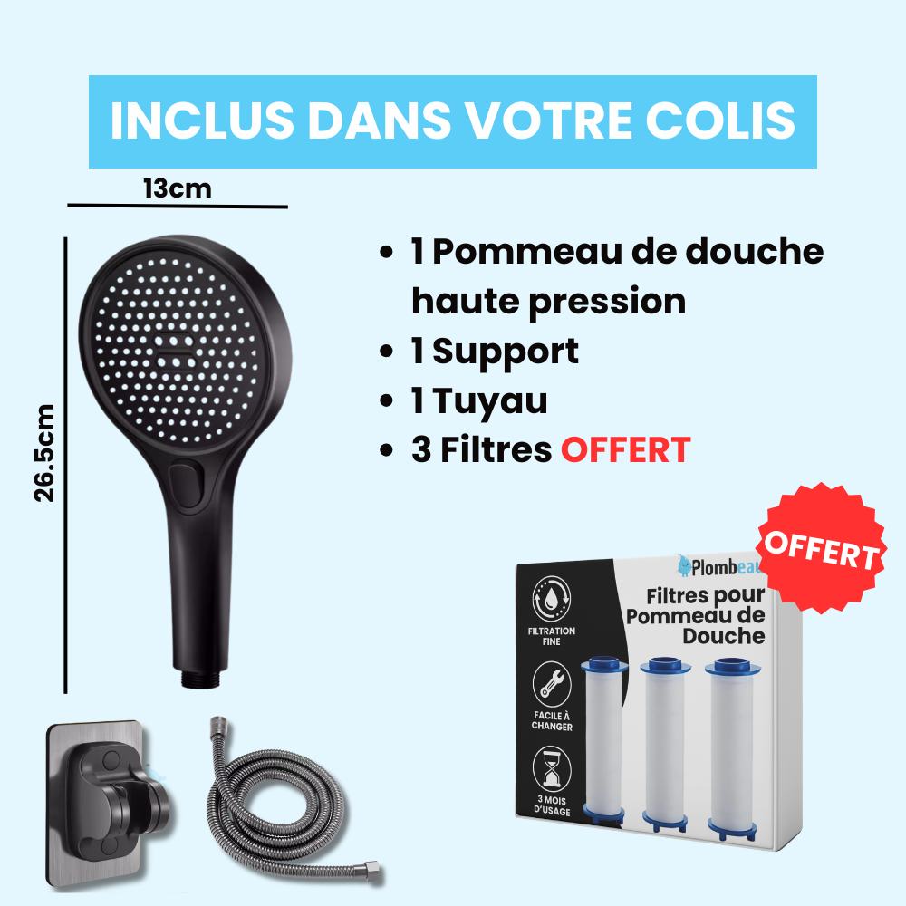 Pommeau de Douche Noir Haute Pression Design Moderne Puissant – Pluvia