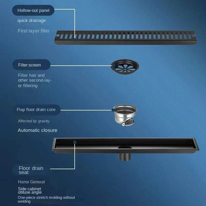 Caniveau de Douche Noir Inox 304 Longueurs 20 à 80 cm – Alvéo