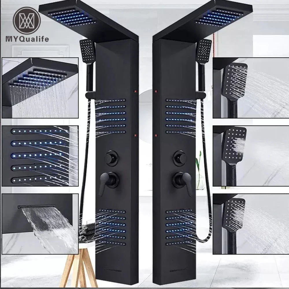 Colonne de Douche Hydromassante Noir Mat LED Jets Relaxants – Spalys