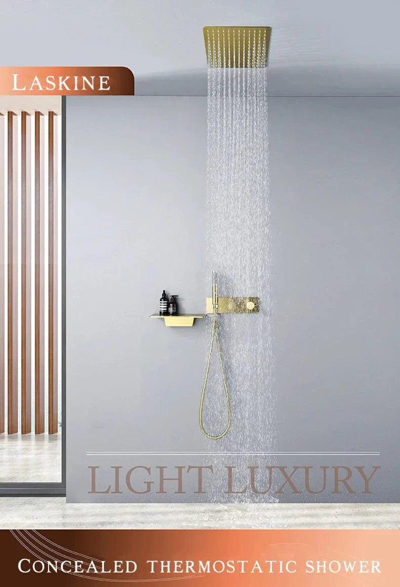 Colonne de Douche Dorée Thermostatique Pluie 12 Pouces – Thermya