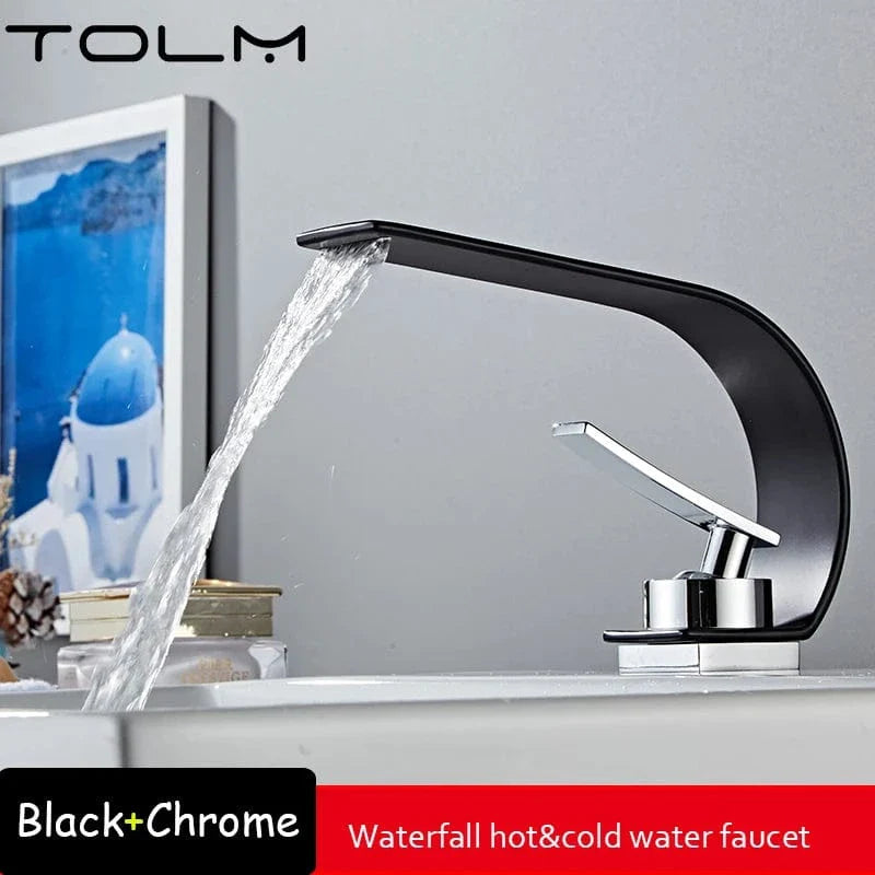 Robinet Cascade Lavabo Noir Flux Large Design Moderne – Solvane