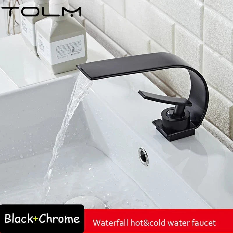 Robinet Cascade Lavabo Noir Flux Large Design Moderne – Solvane
