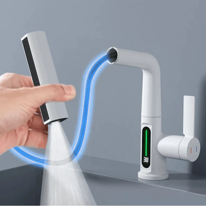 Robinet Cascade Blanc Écran Intelligent Bec Rétractable Évier Moderne – Cuvéa