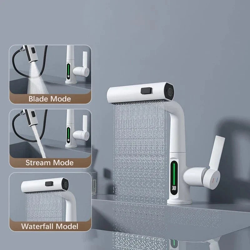 Robinet Cascade Blanc Écran Intelligent Bec Rétractable Évier Moderne – Cuvéa