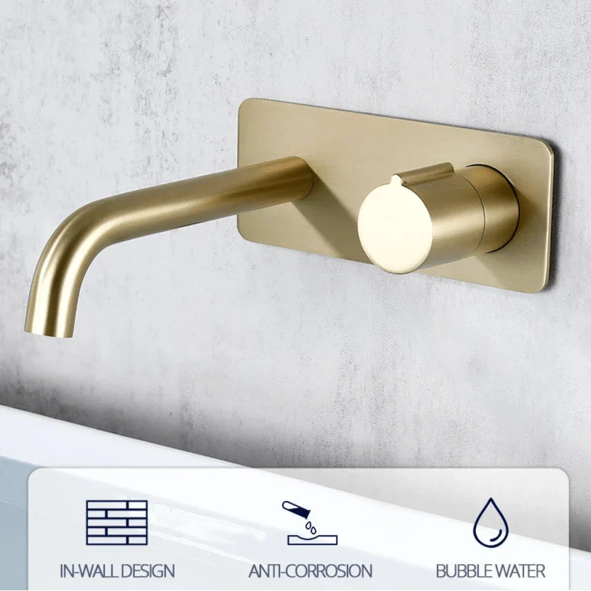 Robinet Lavabo Encastrable Doré Brossé Mural Design Épuré – Solvane
