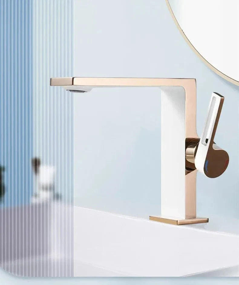 Robinet Lavabo Bec Large Blanc et Or Rose Élégance Douce – Kaléo