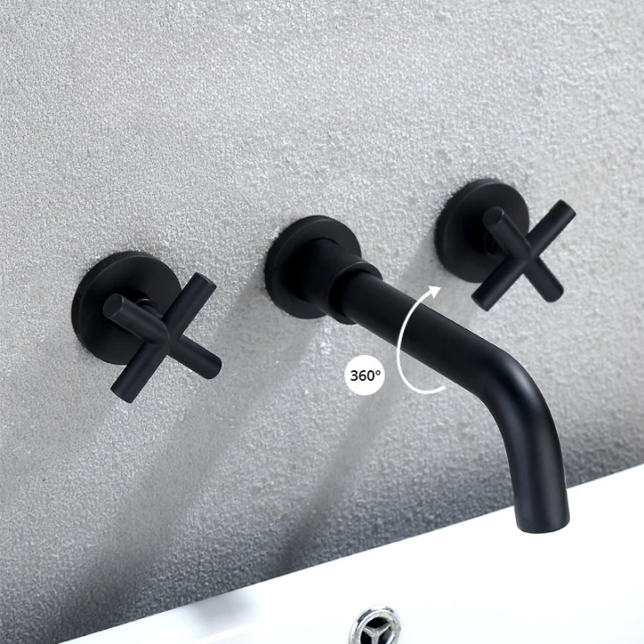 Robinet Lavabo Mural Mélangeur Noir Poignées Croisillon Design – Solvane