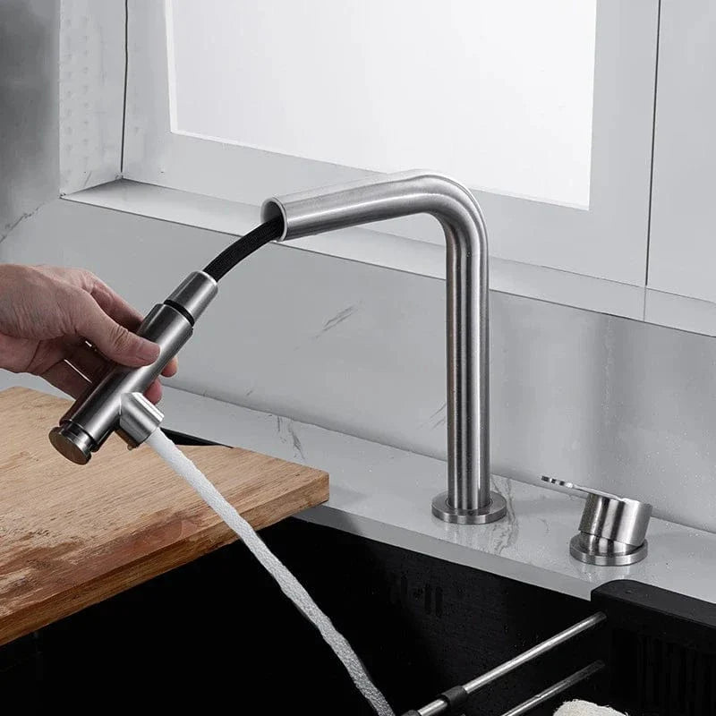 Robinet Évier Bec Rétractable 2 Trous Inox 304 Brossé Moderne – Cuvéa