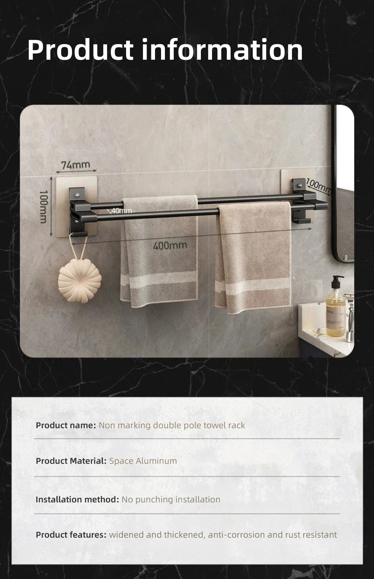 Porte-Serviettes Aluminium Adhésif Sans Perçage Pose Immédiate – Linora